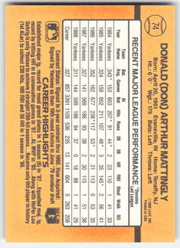 Don Mattingly #74 Donruss Baseball Non-Foil English